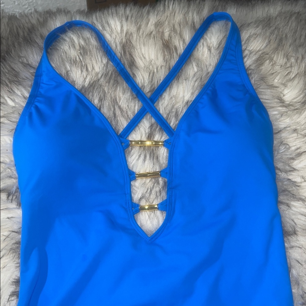 Bleu Rod Beattie swimsuit 6 royal blue one piece plunge Lace Down deepV - Picture 2 of 7
